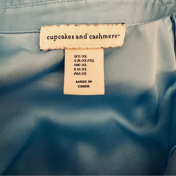 Cupcakes and Cashmere Blue Satin Blouse XL French Cuff Button Front Draped Shirt - Picture 6 of 10